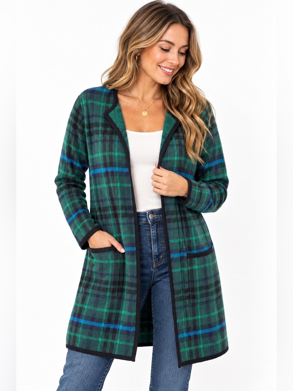 Talbots Tartan Plaid Long Cardigan Sweater Lambswool Blend Medium Black Watch